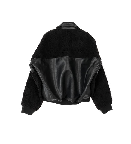 FAUX SHEARLING LEATHER BOMBER JACKET BLACK