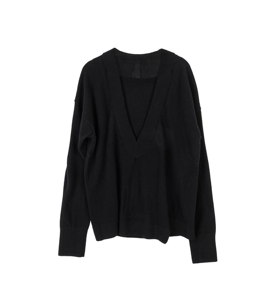 BIENVILLE DOUBLE COLLAR V-NECK SWEATER BLACK
