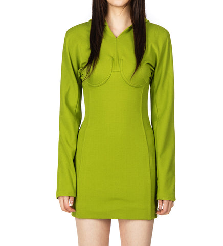 CREPE JERSEY BACKLESS LONG SLEEVES SHORT DRESS WITH HOOD ACIDGREEN
