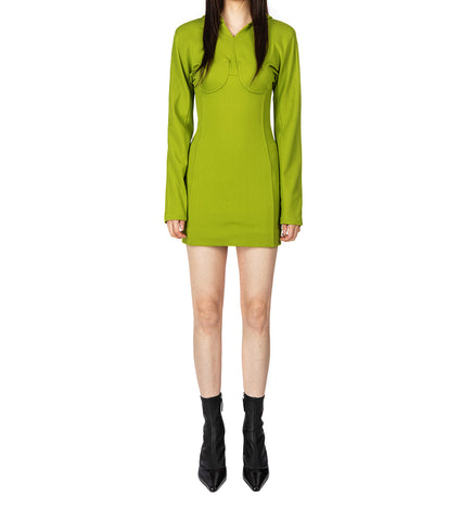CREPE JERSEY BACKLESS LONG SLEEVES SHORT DRESS WITH HOOD ACIDGREEN