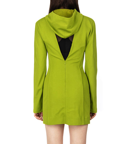 CREPE JERSEY BACKLESS LONG SLEEVES SHORT DRESS WITH HOOD ACIDGREEN