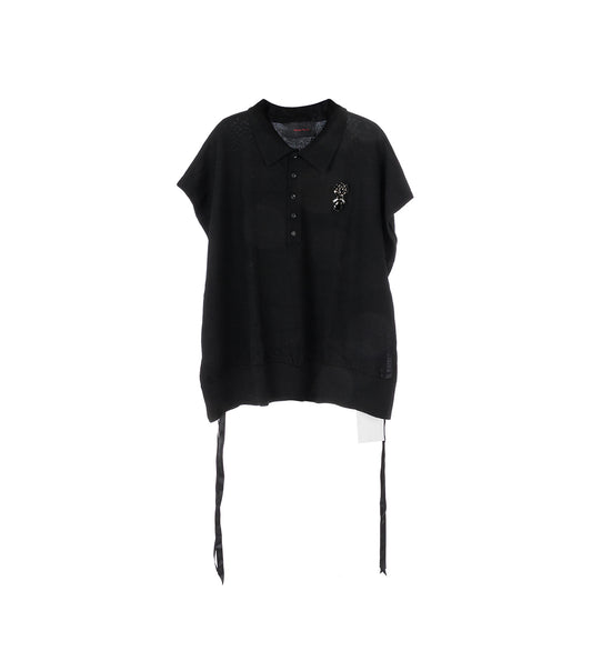 RELAXED KNIT COLLARED BIB W/ TIES & EMB. BLACK/JET