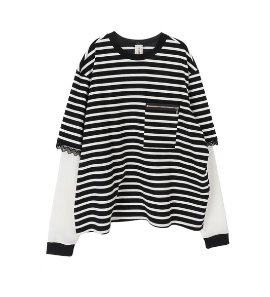 STRIPED LACE DOUBLE SHIRT BLACK