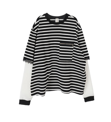 STRIPED LACE DOUBLE SHIRT BLACK