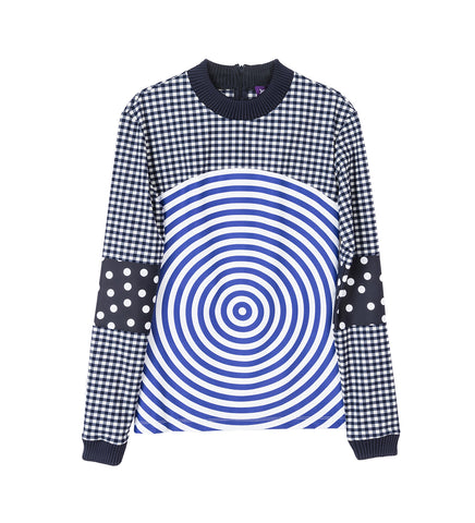 GINGHAM AND PRINT TARGET LONG SLEEVE WHITE/NAVY