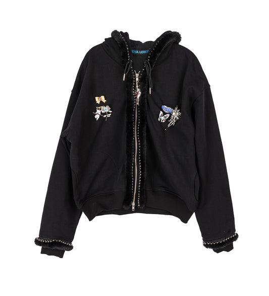 FUZZY PEARL ZIP HOODIE BLACK