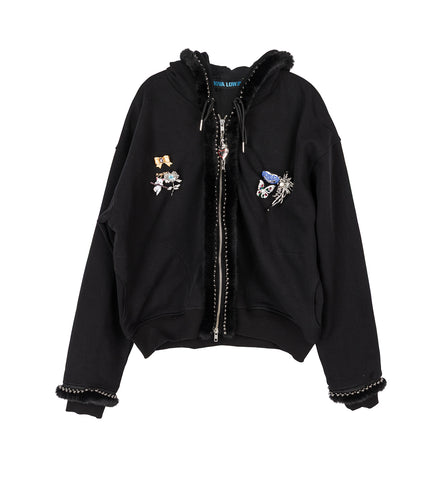 FUZZY PEARL ZIP HOODIE BLACK
