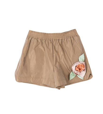 PRESSED ROSETTE SPLIT-HEM SHORTS TOFFEE/MULTI