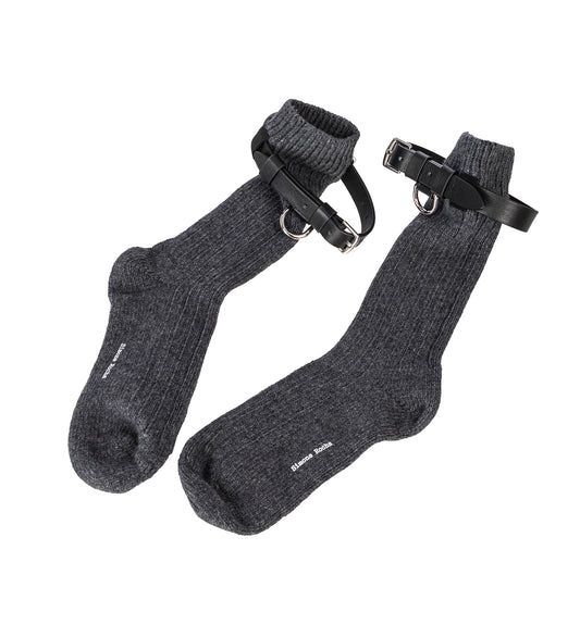 CHUNKY WOOL ANKLE SOCKS W/ LEATHER STRAP DARK GREY