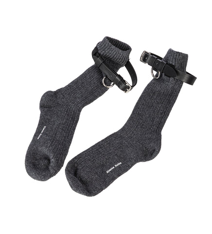 CHUNKY WOOL ANKLE SOCKS W/ LEATHER STRAP DARK GREY