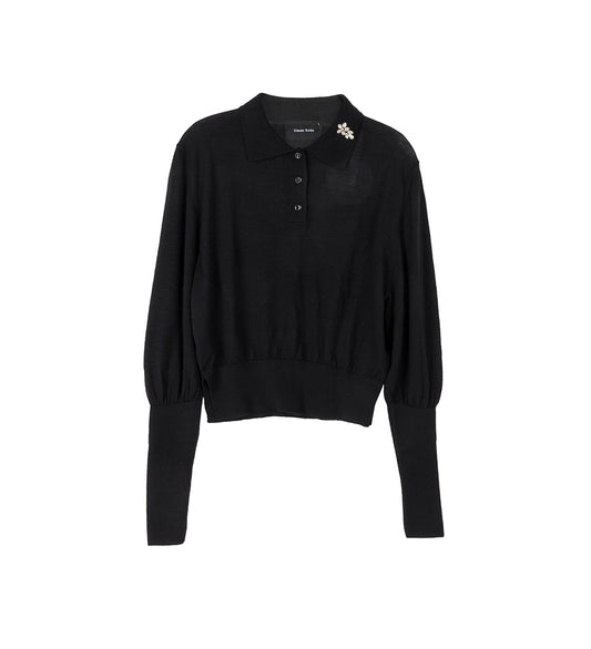 MERINO SILK KNIT POLO SWEATER W/ EMB. BLACK/PEARL/CLEAR