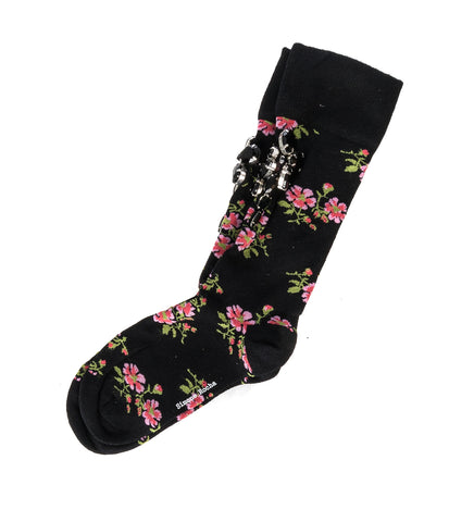 TINY FLOWER JACQUARD ANKLE SOCKS W/EMB BLACK FLORAL/JET