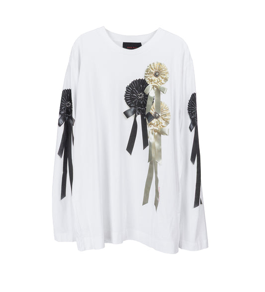 RIBBON ROSETTE PRINT LONG SLEEVE T-SHIRT WHITE