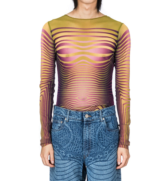 CREWNECK LONG SLEEVES PRINTED MORPHING STRIPES GREEN/PURPLE