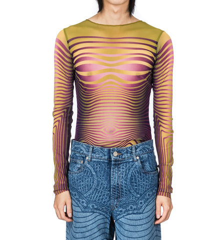 CREWNECK LONG SLEEVES PRINTED MORPHING STRIPES GREEN/PURPLE