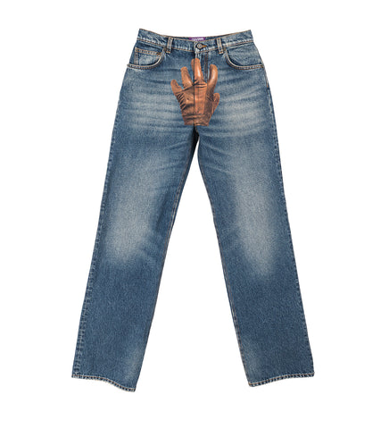 WIDE LEG DENIM PANTS WITH GLOVES PRINT