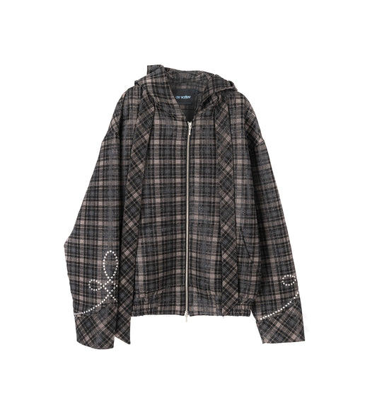 HOODED JACKET SCARF CHECK/SILVER