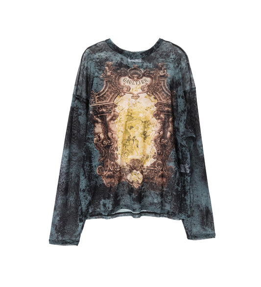 OVERSIZED CREW NECK TOP PRINTED MEDAILLON BLACK/VINTAGE BLUE/GREEN