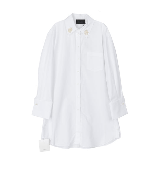 ELONGATED CUFF BUTTON PLACKET SHIRT W/EMB. WHITE/PEARL
