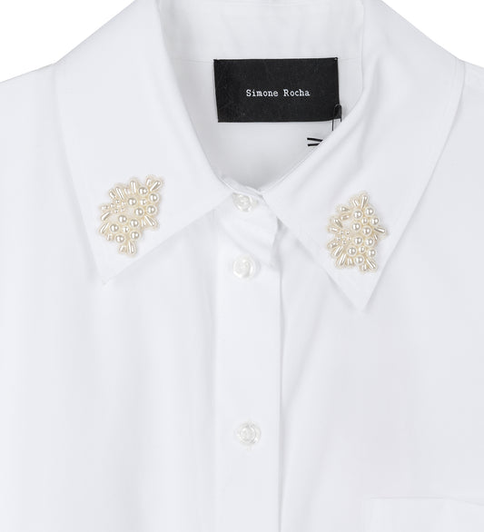 ELONGATED CUFF BUTTON PLACKET SHIRT W/EMB. WHITE/PEARL