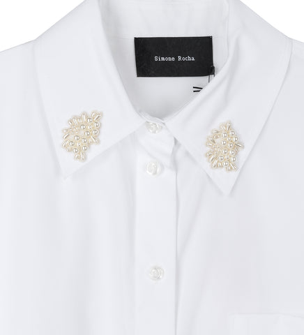ELONGATED CUFF BUTTON PLACKET SHIRT W/EMB. WHITE/PEARL