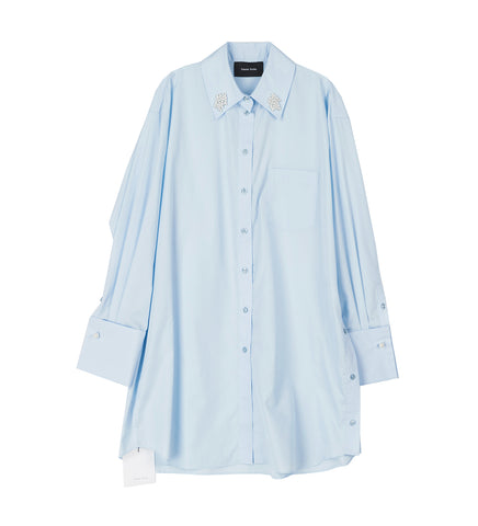ELONGATED CUFF BUTTON PLACKET SHIRT W/EMB. BABY BLUE/PEARL