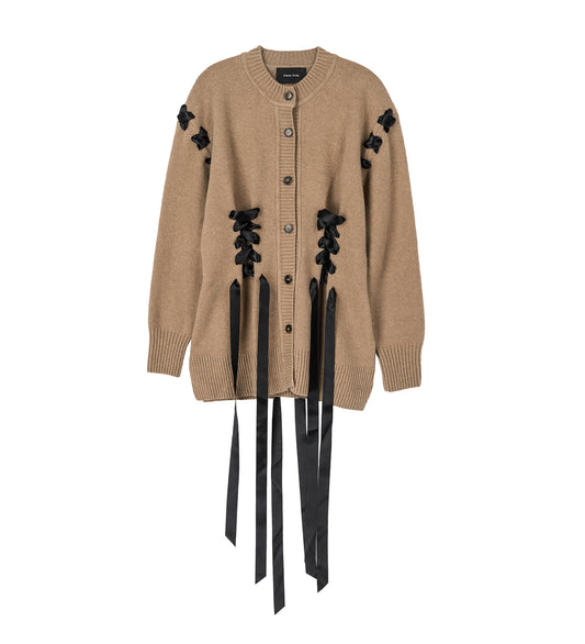 SCULPTED RIBBON CORSET DETAIL CARDIGAN CAMEL