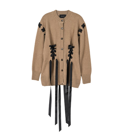 SCULPTED RIBBON CORSET DETAIL CARDIGAN CAMEL