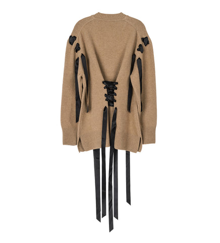 SCULPTED RIBBON CORSET DETAIL CARDIGAN CAMEL
