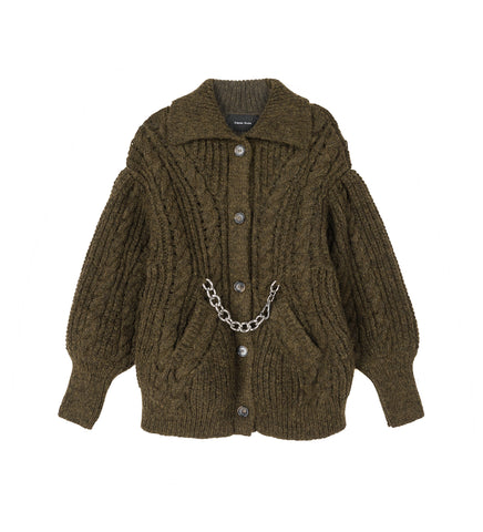SCULPTED COLLARD CHUNKY KNIT CARDIGAN W/CHAIN OLIVE