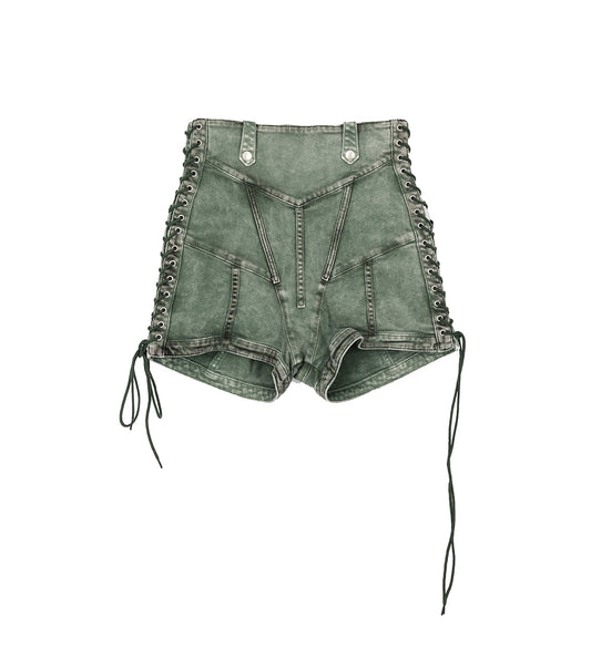 JEAN PAUL GAULTIER X KNWLS THE DENIM CORSET MINI SHORTS GREEN