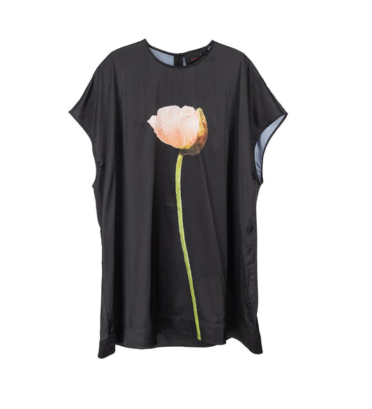 POPPY MOTIF EXTENDED SMOCK TOP BLACAK