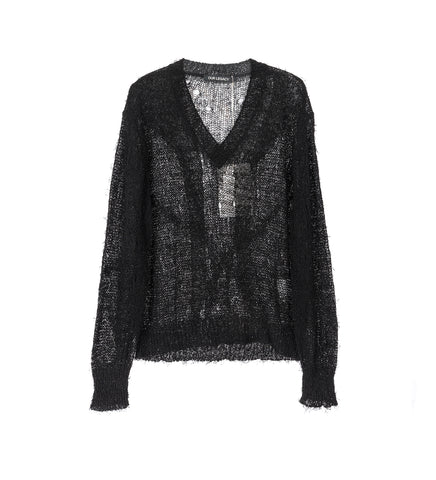 SLOW V-NECK BLACK RAGGED OPEN LINEN