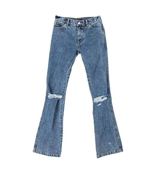 DISTRESSED KNEES FLARED JEANS DARK WASH
