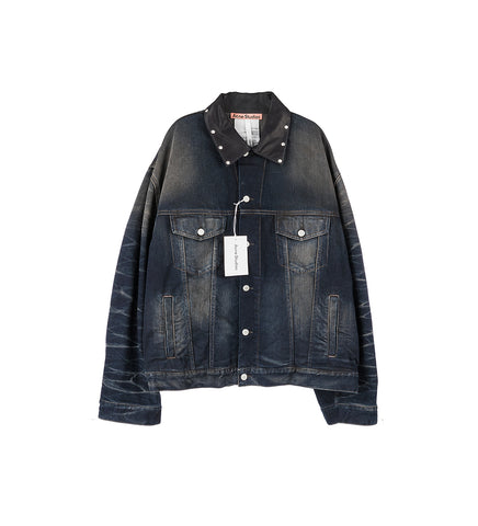 LEATHER COLLAR STUD DENIM JACKET DARK BLUE