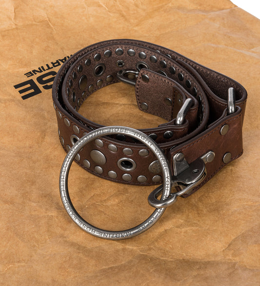 STUDDED O RING BELT WIDE BROWN