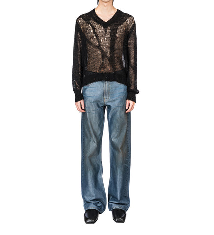 SLOW V-NECK BLACK RAGGED OPEN LINEN
