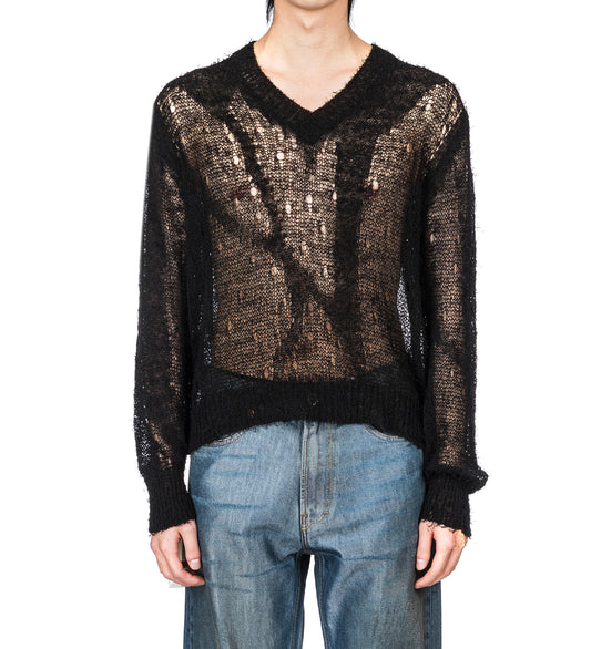 SLOW V-NECK BLACK RAGGED OPEN LINEN