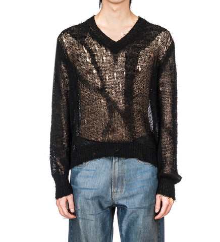 SLOW V-NECK BLACK RAGGED OPEN LINEN