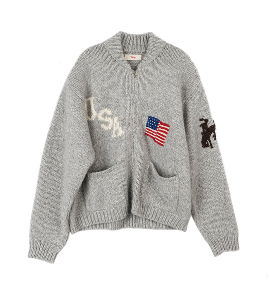 USA KNIT ZIP BOMBER HEATHER GREY