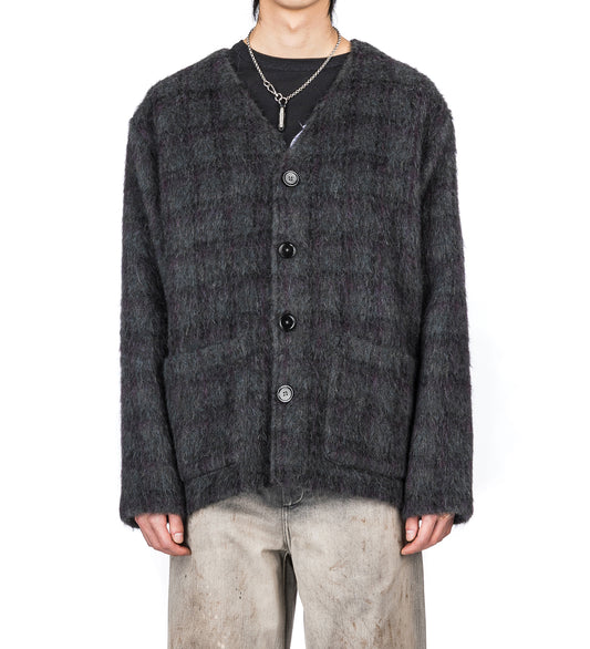 CARDIGAN FUZZED PLUM CHECK HAIRY WOOL