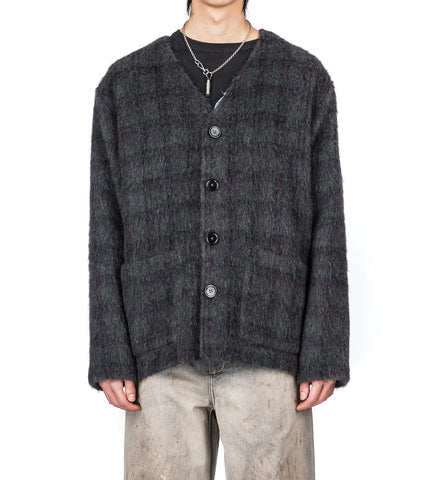 CARDIGAN FUZZED PLUM CHECK HAIRY WOOL