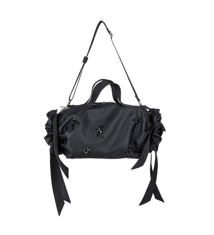 DOUBLE RIBBON ROSETTE BAG W/ TURBO EMB. BLACK