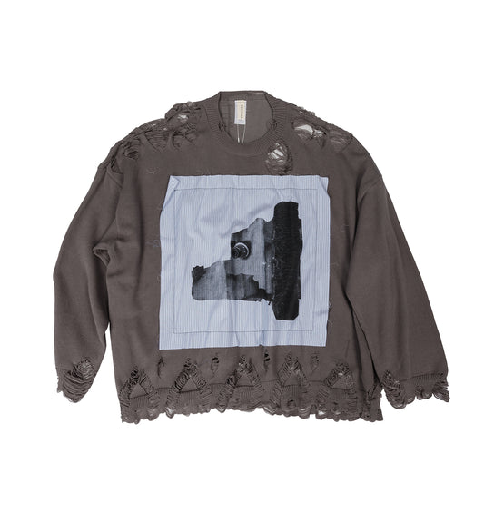 DESTROYED CYBER SNOPPY PATCH SWEATER GRAY