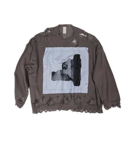 DESTROYED CYBER SNOPPY PATCH SWEATER GRAY