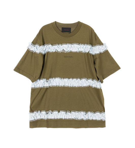 RUFFLE FRILL T-SHIRT KHAKI/PALE BLUE