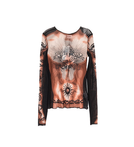 TATTOO COLLECTION SAFE SEX TATOO LONG SLEEVES CREW NECK TOP NUDE / BROWN / BLACK