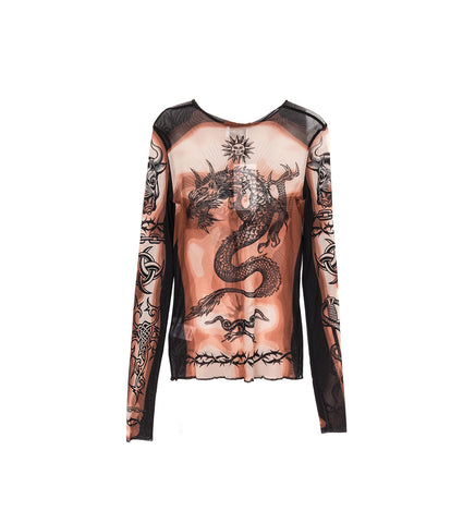 TATTOO COLLECTION SAFE SEX TATOO LONG SLEEVES CREW NECK TOP NUDE / BROWN / BLACK