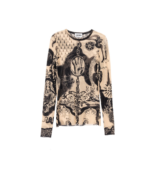TATTOO COLLECTION HERALDIQUE LONG SLEEVES CREW NECK TOP NUDE / NAVY