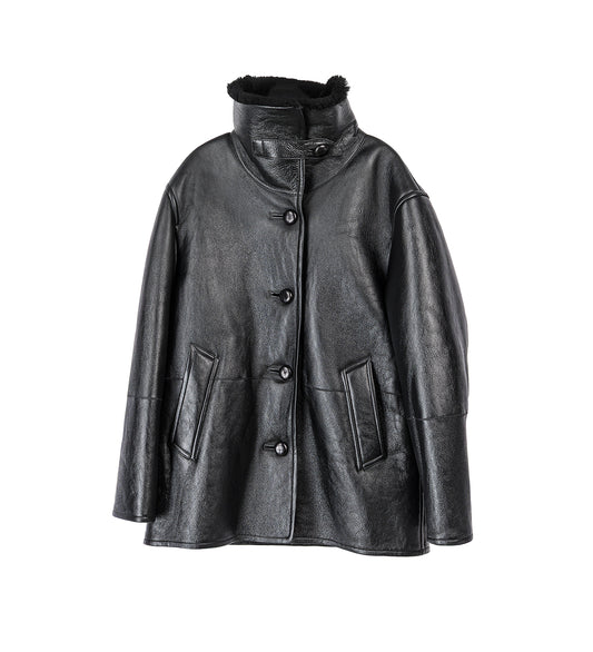 LEATHER SHEARLING DUFFLE COAT BLACK